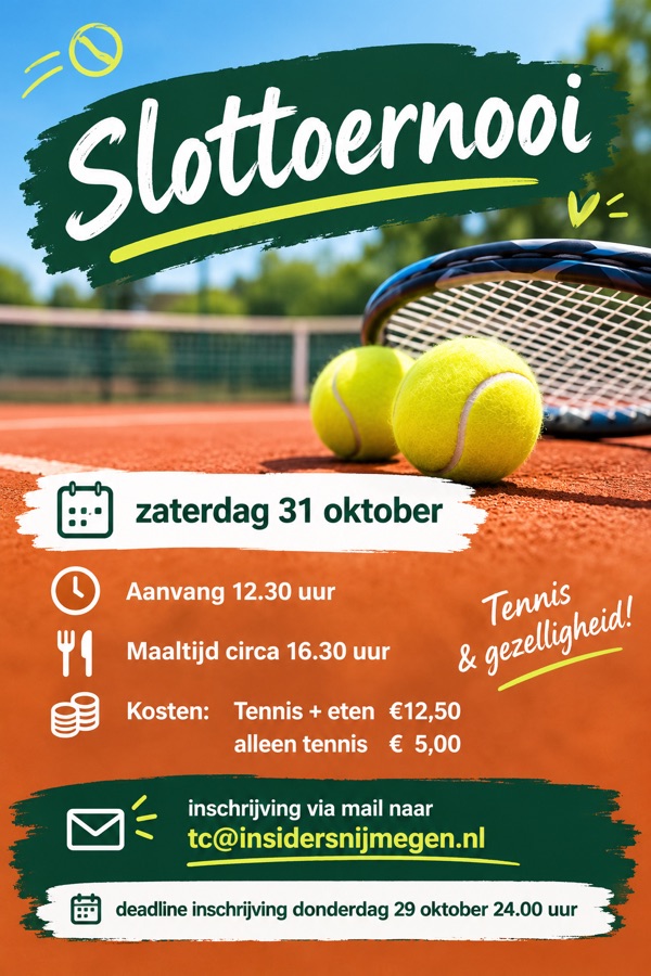 Poster Slottoernooi zaterdag 31 oktober: aanvang 12.30 uur, maaltijd circa 16.30 uur. Kosten tennis + eten €12,50, alleen tennis €5,00. Inschrijven via tc@insidersnijmegen.nl, uiterlijk donderdag 29 oktober 24.00 uur.